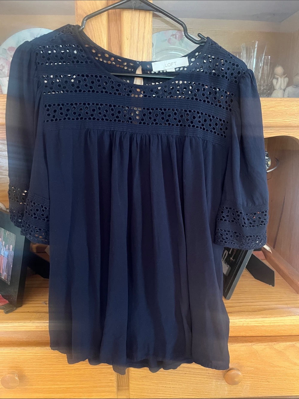 LOFT Navy Eyelet Detail Peasant Top